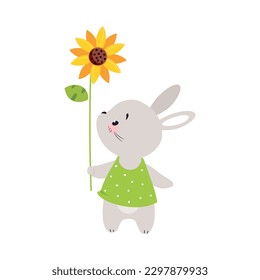 Cute Bunny Character Holding Sunflower on Stalk Vector Illustration