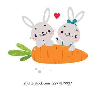 Cute Bunny Character with Huge Ripe Carrot Crop Vector Illustration