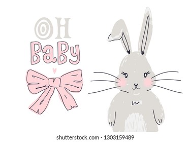 Cute bunny character illustration for nursery.  Isolated objects on white background. Hand drawn vector illustration. Scandinavian style design. Concept for children print.