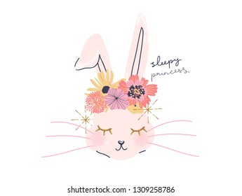 Cute bunny character illustration for nursery.  Isolated objects on white background. Hand drawn vector illustration. Scandinavian style design. Concept for children print. Sign "SLEEPY PRINCESS".