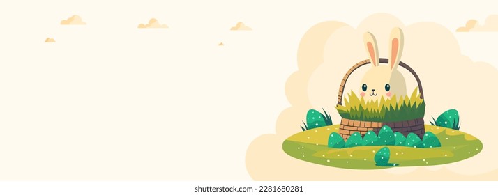 Cute Bunny Character Inside Grass Basket With Eggs Against Background And Copy Space. Happy Easter Day Concept.