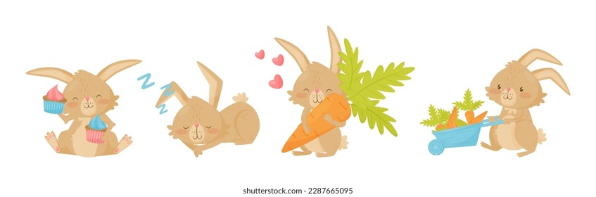 Cute Bunny Character with Long Ears Engaged in Different Activity Vector Set