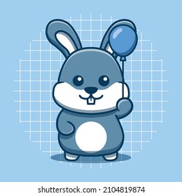 Cute bunny character mascot holding balloons. Isolated animal vector. Flat cartoon style.