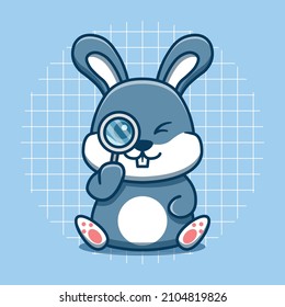 Cute bunny character mascot is looking with a magnifying glass. Isolated animal vector. Flat cartoon style.
