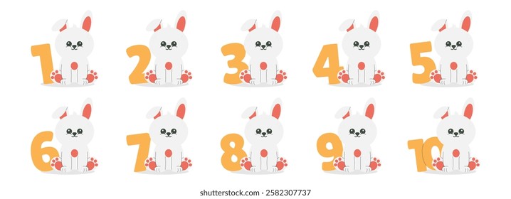 Cute bunny character and numbers vector set. Beautiful elements for Kids Birthday Party invitation, greeting card, poster, event, prints and cake toppers design