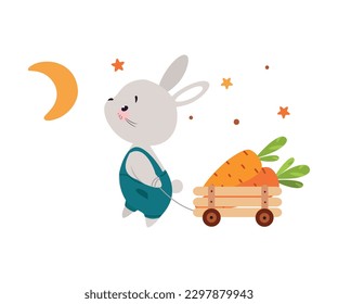 Cute Bunny Character Pulling Trolley with Ripe Carrot Crop Vector Illustration