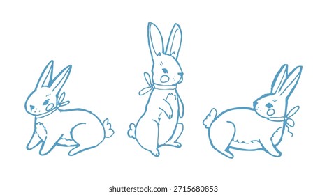 Bonito conjunto de personagens coelho com três poses: em pé, andando e olhando para trás. Coelhos desenhados à mão da arte da linha azul com arcos e bochechas rosadas, perfeito para o design de crianças, decoração de berçário, adesivos, marca e artigos de papelaria