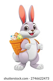 Cute bunny character standing while wearing a basket filled with decorated easter eggs. Vector cartoon illustration