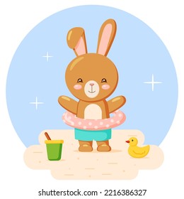 Cute Bunny Character With Swimming Lap, Summer Character Playing On The Beach, Cartoon Flat Style, Vector Illustration