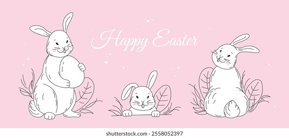 Cute Bunny Characters for kids, Easter, greeting cards, Baby Shower, posters, holiday covers or banners. Vector doodle illustration isolated