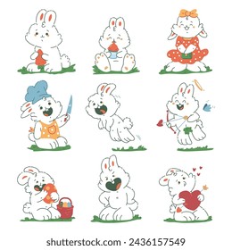 Cute bunny characters vector cartoon set isolated on a white background.