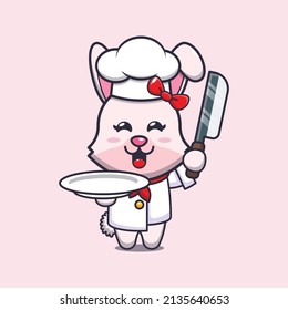 cute bunny chef mascot cartoon character with knife and plate