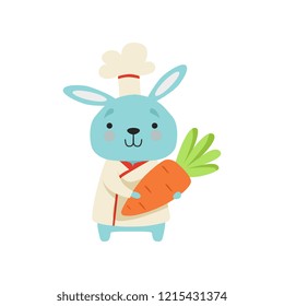 Cute bunny in chef uniform holding carrot, cartoon animal character cooking vector Illustration on a white background