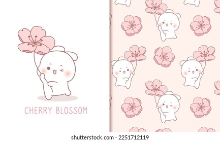 Cute bunny and cherry blossoms blooming seamless pattern kawaii wallpaper