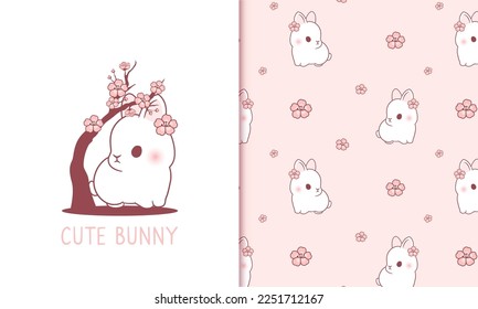 Cute bunny and cherry blossoms blooming seamless pattern kawaii wallpaper