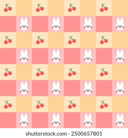 Cute Bunny and Cherry plaid pattern, Yellow and Pink Background, Flat illustration. Rabbit and Red Cherry wrapping paper, wallpaper