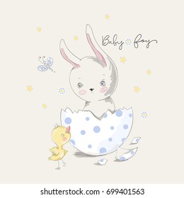 Cute bunny and chick with baby boy slogan. Vector baby illustration with pets for fashion apparels, t shirt, greeting card and printed tee design.