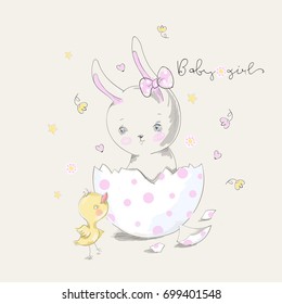 Cute bunny and chick with baby girl slogan. Vector baby illustration with pets for fashion apparels, t shirt, greeting card and printed tee design