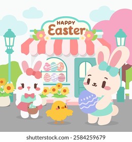 Cute Bunny and Chick Easter Egg Shopping. A cute Easter illustration featuring two adorable bunnies and a chick shopping for beautifully decorated Easter eggs in a  pastel colored market setting.