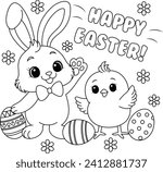 Cute Bunny and Chick saying Happy Easter and waving in greeting coloring page, a black and white vector illustration