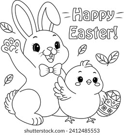 Cute Bunny und Chick sagen Frohe Ostern und winkeln in Grußfärberseite, eine schwarz-weiße Vektorgrafik