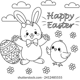 Cute Bunny and Chick saying Happy Easter and waving in greeting coloring page, a black and white vector illustration