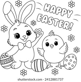 Cute Bunny and Chick saying Happy Easter and waving in greeting coloring page, a black and white vector illustration