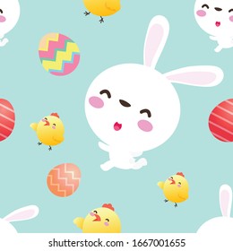 cute bunny with chick seamless pattern. Happy Easter eggs and Rabbit cartoon character, Animal wildlife background wallpaper vector  illustration