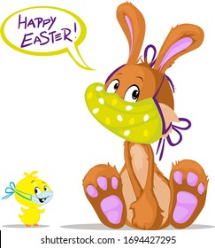 Cute Bunny and Chicken Wish You Happy Easter with  Respirator Mask - Vector Illustration