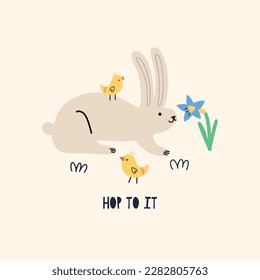 Cute bunny and chickens sniffing spring flower daffodil. Cartoon Rabbit character. Happy Easter holiday concept for egg hunt design, print, social media, poster, postcard. Modern Flat Style