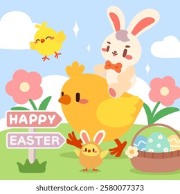 Cute Bunny and Chicks Celebrating a Happy Easter. Adorable Easter Bunny Riding a Giant Chick in a Spring Scene. Happy Easter Illustration with Playful Bunny and Baby Chicks.