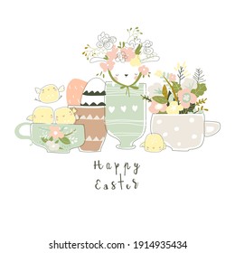 Cute bunny and chicks sitting in cups with Easter eggs and flowers