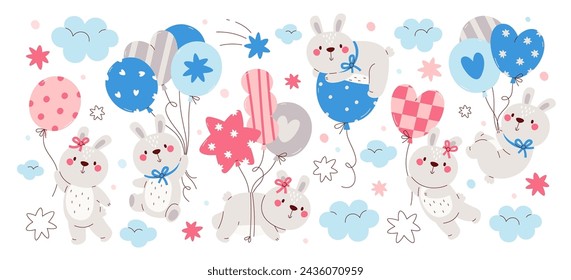 Personajes animales infantiles conejito lindo con globos para tarjeta de felicitación, diseño de postal de invitación debido a la ducha del bebé, ilustración vectorial de aniversario de cumpleaños. Divertida liebre adorable conejo conjunto festivo