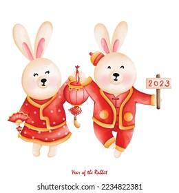 Cute bunny in Chinese traditional costume and Decoration, Cheongsam dress, the year of rabbit
