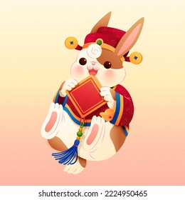 Cute bunny in chinese traditional outfit holding doufang isolated on pastel pink gradient background.