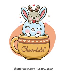 Cute bunny in chocolate cup isolated on white background.