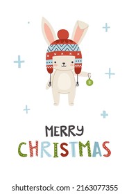 Cute bunny with christmas ball. Greeting card with rabbit in the hat. Christmas poster for kids.