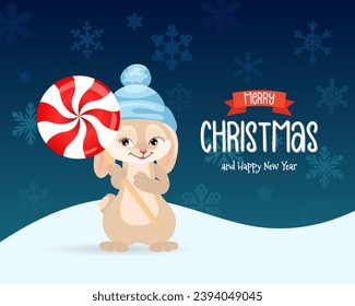 Cute bunny with Christmas candy on a snowy background with snowflakes and congratulatory text. Christmas, New Year card, vector