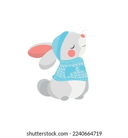 Cute bunny in Christmas clothes on white background