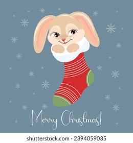 Cute bunny in a Christmas sock on a background of snowflakes. Christmas card, poster, vector