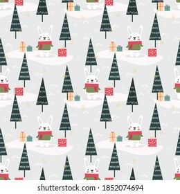 Cute bunny in Christmas theme seamless pattern
