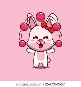 Cute bunny circus attraction with balls cartoon vector illustration. mascot cartoon character vector illustration. design element suitable for poster, brochure, web, mascot, sticker, logo and icon.