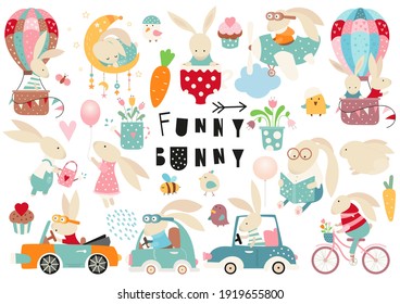 Cute bunny clip art - set of cartoon rabbits and spring design elements.  Bunnies, birds, cars, flowers. Easter elements isolated on white background. Vector illustration.