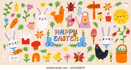 Arte de clip de conejito lindo - conjunto de conejos de dibujos animados y elementos de diseño de primavera. Bunnies, pájaros, flores. Elementos de Semana Santa aislados en fondo blanco. Ilustración vectorial. Adorable colección de iconos de vacaciones