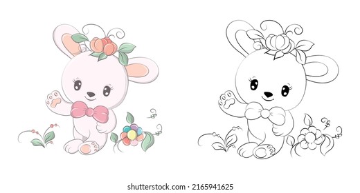 Cute Bunny Clipart for Coloring Page and Illustration. Happy Clip Art Bunny with Flowers on his Head. Vector Illustration of an Animal for Stickers, Prints for Clothes, Baby Shower, Coloring Pages. 