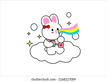 cute bunny in the cloud blowing bubbles 