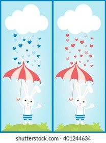 Cute bunny and  cloud with rain with hearts . Vector royalty free stock illustration for greeting card, ad, promotion, poster, flier, blog, article, social media, marketing