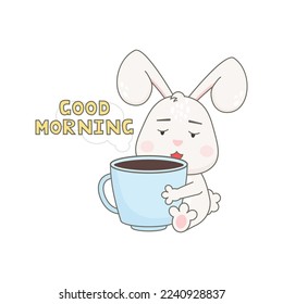 Cute bunny with coffee cup isolated on white background.