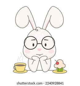 Cute bunny with coffee cup isolated on white background.