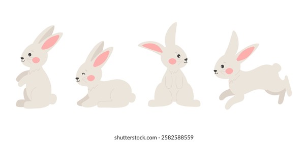 Cute bunny collection in different poses. Vector illustration isolated